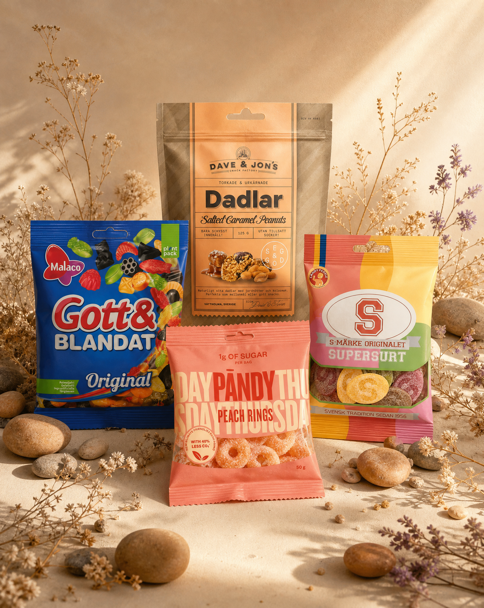 Four packaged snack products arranged together on a warm beige surface with dried flowers and stones. The products include a blue bag of Gott & Blandat Original, a pink bag of Pandy the Peach Ring, a tan stand-up pouch of Dave & Jon's Dadlar Salted Caramel Peanut Butter, and a yellow and pink bag of Supersurt.