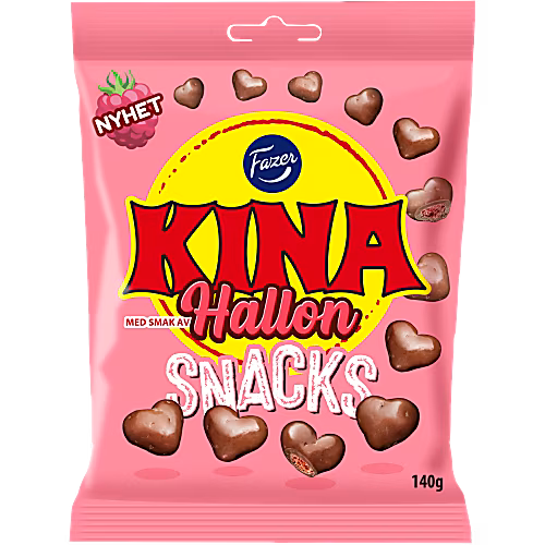 Pink packaging of Kina Hallon Snacks with Fazer logo on a white background