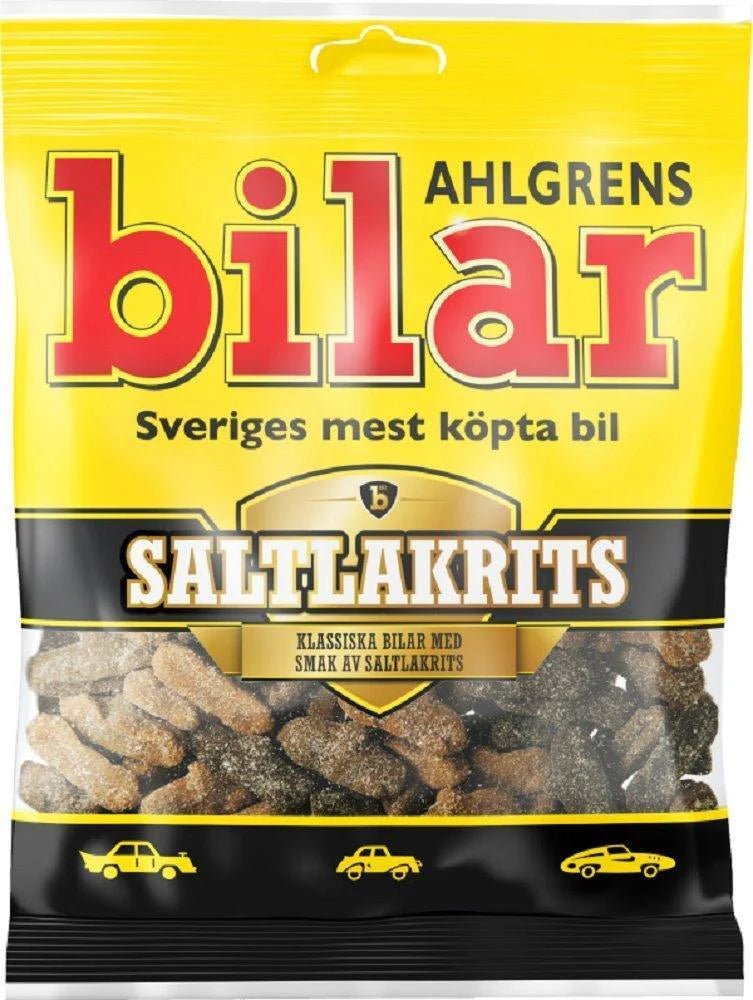 Packaging of Ahlgrens bilar saltlakrits with yellow and black design