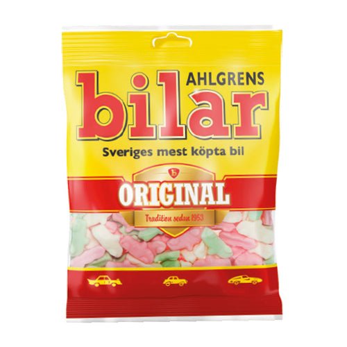 Packaging of Ahlgrens bilar candy with yellow and red design