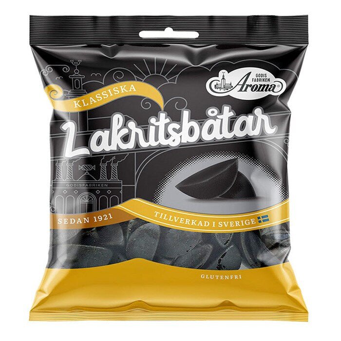 Packaging of Lakritsbötar with Aroma brand on a white background