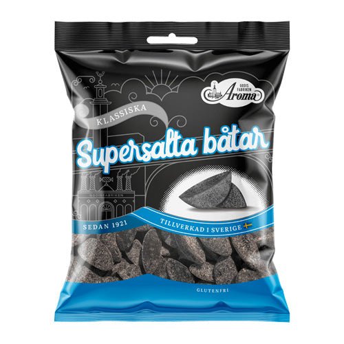 Packaged snacks with 'Supersalta bätar' branding on a black and blue background