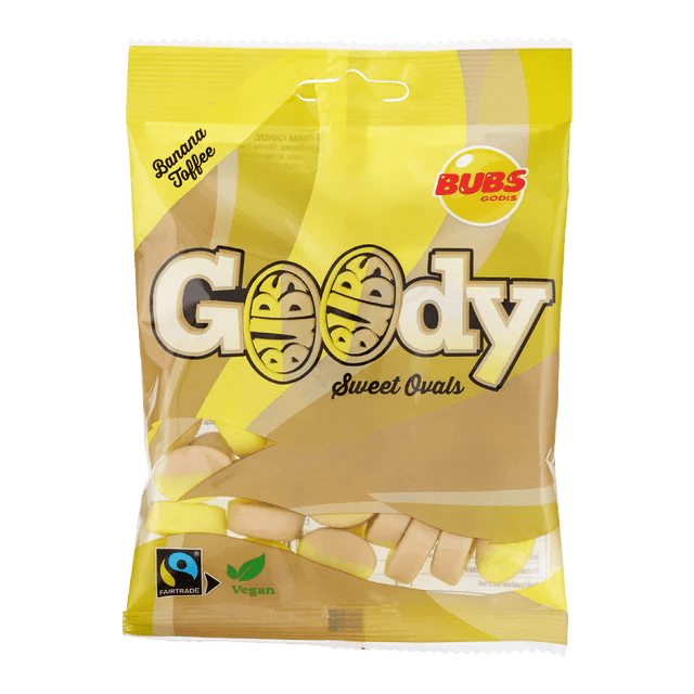Packaging of Bubs Goody Sweet Ovals banana toffees with visible branding and product details.