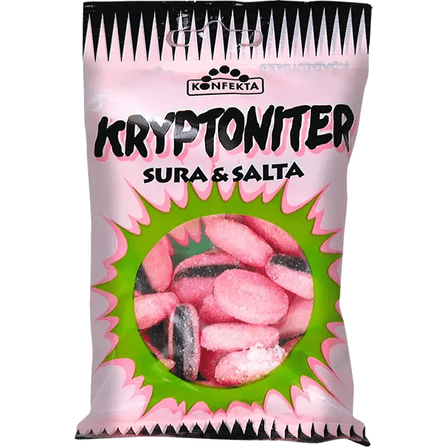 Packaged candy with pink and black colors and visible brand name on a white background