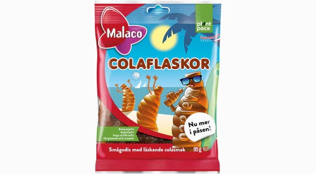 Malaco Colaflaskor snack package with cartoon snails on a white background