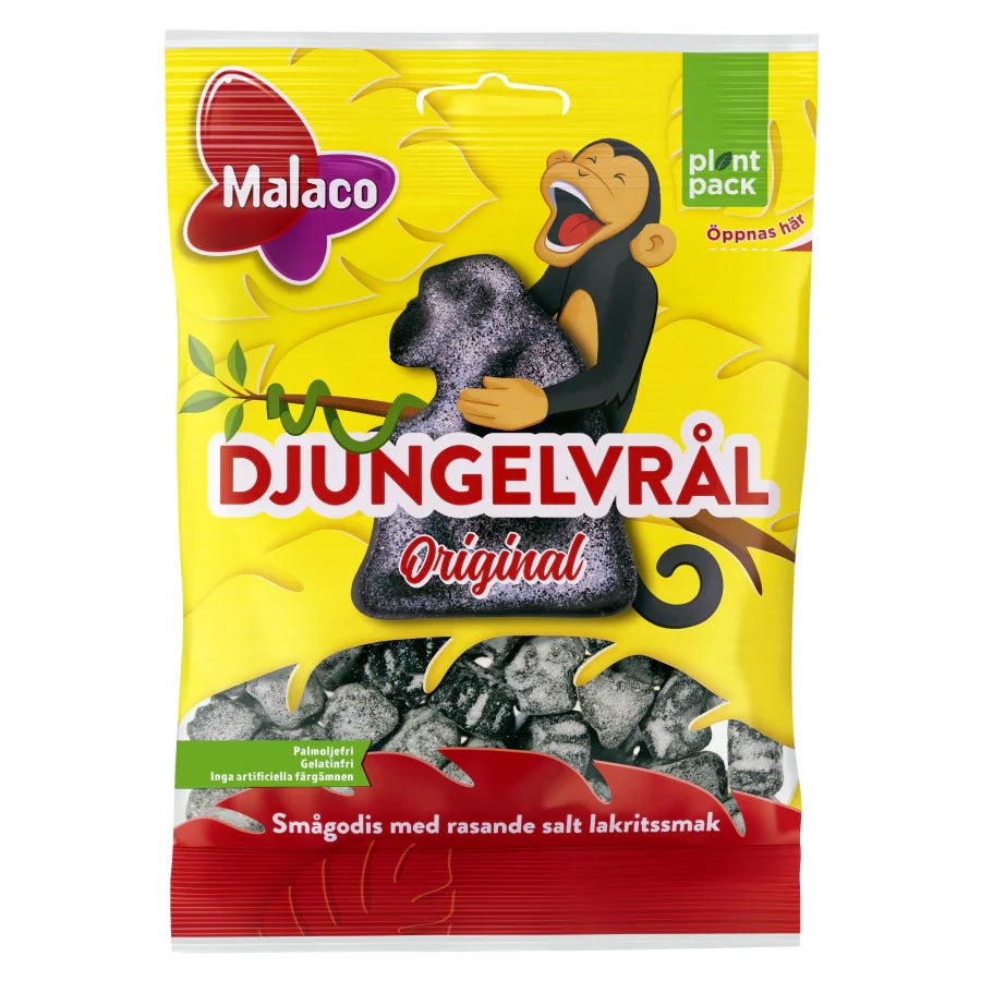 Packaging of Malaco Djungelvrål gummy candy with a monkey illustration on a yellow background.