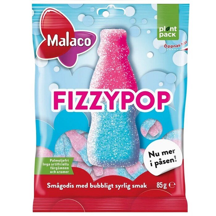 Malaco FizzyPop packaging with a pink and blue gummy bottle candy on a white background