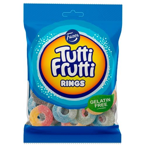 Packaging of Fazer Tutti Frutti Rings with blue and orange design.